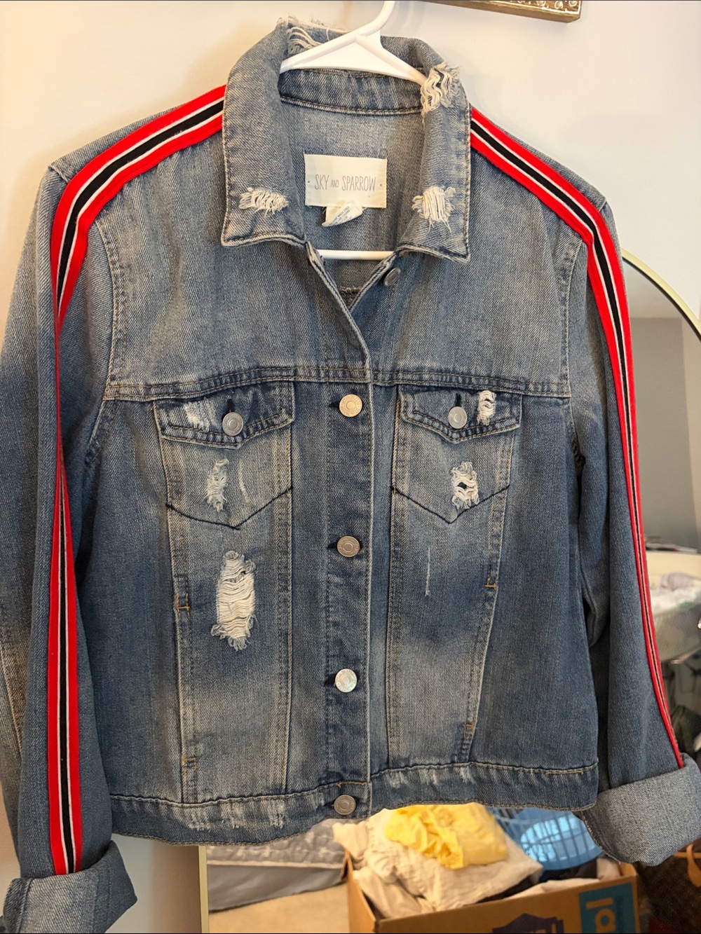 Sky and Sparrow Blue Denim Jacket with Red and Black Shoulder Stripes - Picture 3 of 6